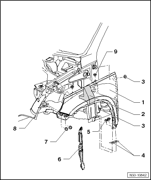 Volkswagen Tiguan Reparaturanleitung - Kotflügel - Karosserie vorn